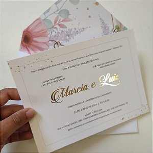 Convite Casamento Envelope Branco Fosco Forrado c/ metalizado Dourado