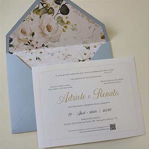 Convite Casamento Forrado Envelope Azul Serenity Floral Branco
