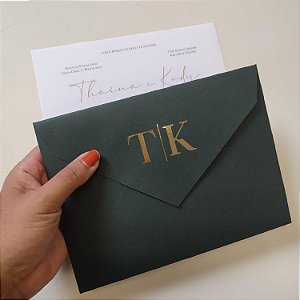 Convite Casamento Envelope Verde Escuro Forrado C/ Iniciais Metalizadas