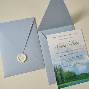 Convite Casamento Vertical Azul Serenity Aquarela Metalizado Dourado Lacre de cera Branco