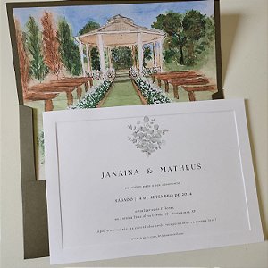 Convite Casamento Envelope Janela Aba Reta Verde Oliva Borda Relevo