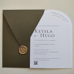 Convite Casamento Verde Oliva Vertical Borda arrendondada Lacre de Cera