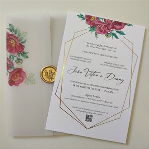 Convite Casamento Envolto Vegetal Vertical Lacre de Cera