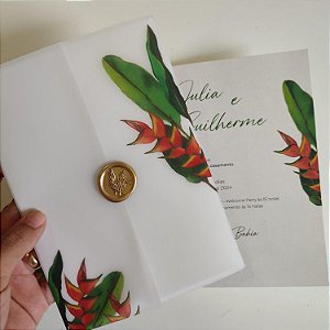 Convite Casamento Envolto Vegetal Vertical Lacre de Cera