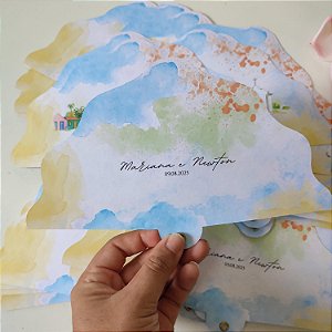 Leque Personalizado Casamento Ventarola Nuvem Aquarela Frente e Verso