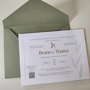 Convite Casamento Verde Oliva borda relevo metalizado e lacre de cera