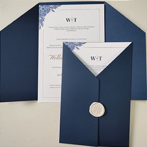 Convite Casamento Envolto Azul Escuro Vertical com Lacre de Cera
