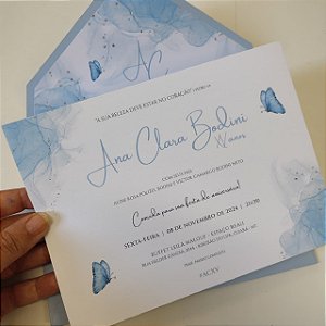 Convite 15 Anos Debutante Forrado Azul Serenity Borboleta