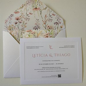 Convite Casamento Forrado Floral com Lacre de Cera