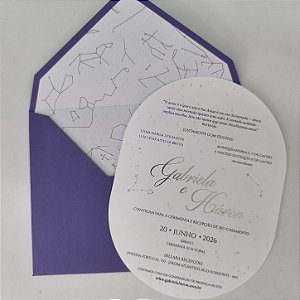 Convite Casamento Forrado Convite Oval Lilás com Metalizado Prata