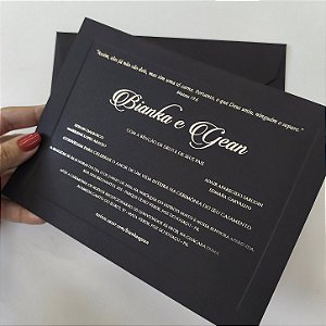 Convite Casamento Forrado Preto Impressão Metalizada + Borda Relevo Paróquina Espirito Santos e Nossa Senhora Aparecida