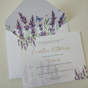 Convite Casamento Forrado Branco Fosco Floral Lilás Lavanda