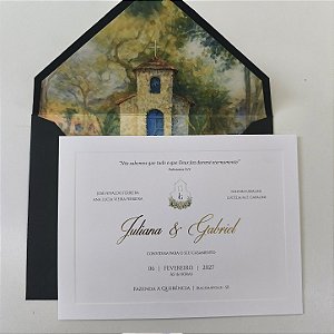 Convite Casamento Forrados LUXO Aquarela Fazenda a Quêrencia Metalizado e borda em relevo com Lacre de Cera