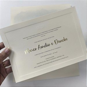 Convite Casamento Envelope Luxo Aba reta Marfim Aquarela Lacre de Cera Borda Relevo Metalizado Relevo Seco