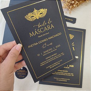 Convite 15 anos / Debutante Envelope Luva Baile de Máscaras Preto com Dourado com Lacre XV
