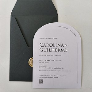 Convite Casamento Verde Escuro Vertical Arredondado Lacre de Cera Dourado