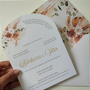 Convite Casamento Forrado Branco Arredondado Floral Terracota