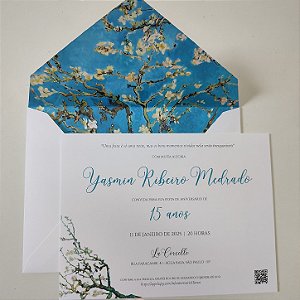 Convite 15 anos / Debutante Branco Forrado Amendoeira em flor Van Gogh