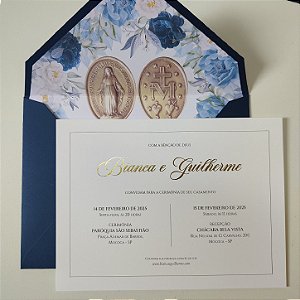 Convite Casamento Azul Escuro forrado Medalha Milagrosa Metalizado Dourado