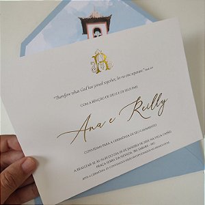 Convite Casamento C/ Envelope FORRADO Azul Serenity Aquarela Metalizado Dourado