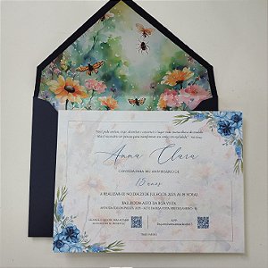 Convite 15 anos / Debutante C/ Envelope Azul Escuro Jardim Encantado