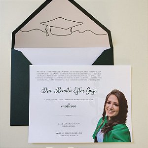 Convite de Formatura Formandos c/ Brasão no Envelope Forrado Verde Escuro