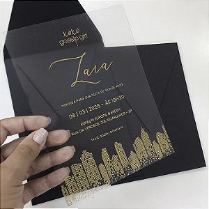 Convite de 15 Anos Debutante Vertical Preto Acetato Ouro