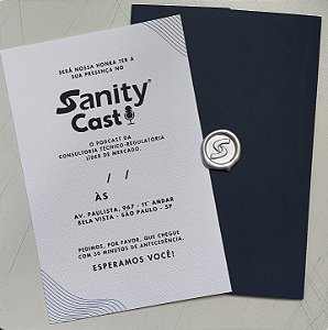 Convite Envolto Vertical Azul Escuro Empresa Podcast Sanity Cast Lacre de Cera prata