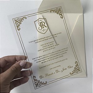Convite Corporativo Vertical Marfim JR Saúde Acetato Dourado Lacre de Cera Dourado