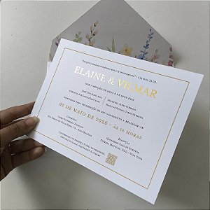 Convite Casamento c/ Envelope Forrado Floral Tons Pasteis c/ Metalizado Dourado