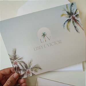 Convite Casamento Branco Capa Vegetal Aquarela Borda Relevo Lacre de Cera