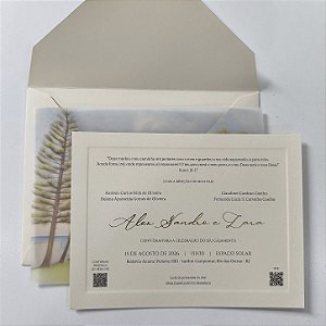 Convite Casamento Marfim Capa Vegetal Aquarela Borda Relevo Metalizado Dourado