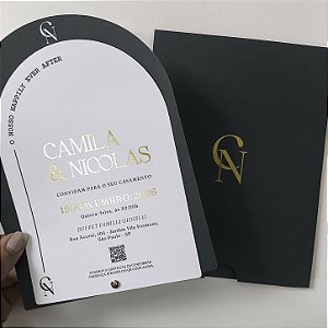 Convite Casamento Envelope Vertical Luva Verde Escuro com Metalizado