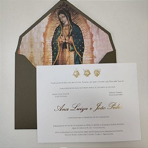 Convite Casamento Forrado Nossa Senhora de Guadalupe Verde Oliva Lacre de cera