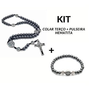 Kit Terço + Pulseira medalha de São Bento Hematita