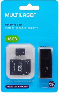 Kit 3 em 1 Pen drive + Adaptador SD + Cartão De Memória Classe 10 com Trava de Segurança 16GB Preto Multilaser - MC112