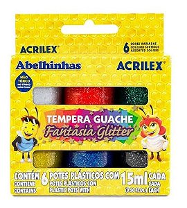 Tinta Guache Glitter Acrilex Tempera - 15ml - 6 Cores