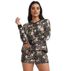 Conjunto Moletom Short Fitness Army Flowers CAJUBRASIL