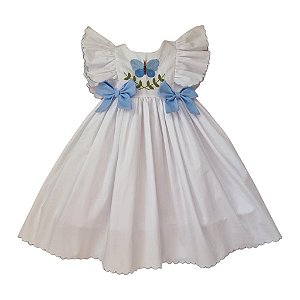 Vestido Infantil Branco bordado a mão borboleta Azul - Harmonia