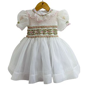 Vestido Infantil de Luxo Organza de Seda Pura Branca Gola Jabour - Isabel