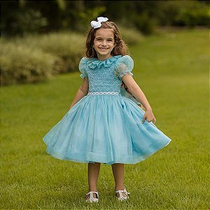 Vestido Infantil de Luxo Organza de Seda Pura Azul - Helena
