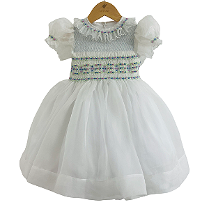Vestido Infantil de Luxo Organza de Seda Pura Branca Gola Jabour bordado azul - Isabel