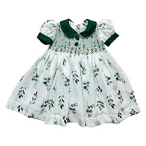 Vestido Infantil Casinha de Abelha Linho Branco - Folhagens