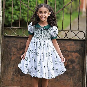 Vestido Infantil Casinha de Abelha Linho Branco - Folhagens