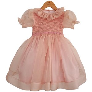 Vestido Infantil de Luxo Organza de Seda Pura Rosa - Helena