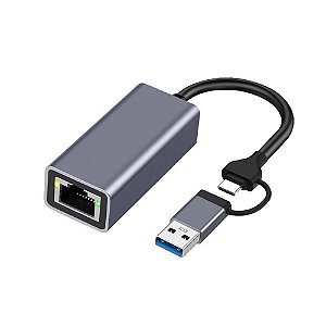 Cabo Adaptador 2 em 1 USB Tipo C para LAN RJ45 1000M Gigabit