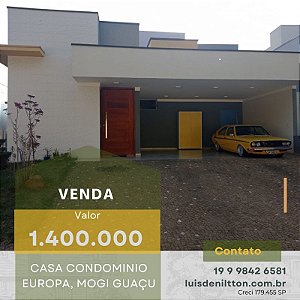 CASA À VENDA NO CONDOMÍNIO EUROPA, MOGI GUAÇU/SP