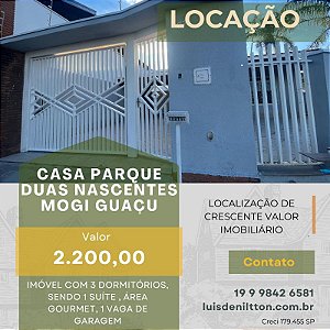 Casa para Locação no Pq. Duas Nascentes, Mogi Guaçu/SP.