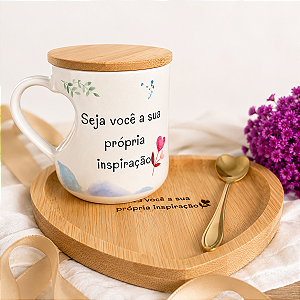 Kit Caneca, Tampa, colher e Bandeja Coleção Encantos personalize com Nome e frase