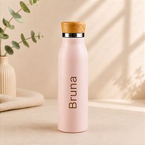 Garrafa Térmica Rosa com tampa de bambu de 600ml personalizada com Nome